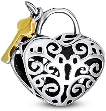 Vintage Lovers Heart Shape Lock Key Charm Bead for Bracelet 14K Gold Plated image 5