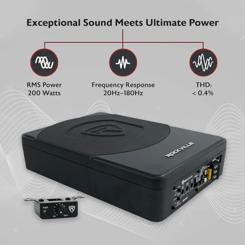 Image of Rockville SS10P 800W Slim Under-Seat Active Car /Truck Subwoofer, Built-in Amp, Wired Remote Bass Knob, Cast Aluminum, for Car Audio Upgrades | 800W Peak, 200W RMS, Slim Active Enclosure, Metal Bass Remote, High Level Inputs, Auto Turn-On, Cast Aluminum Housing