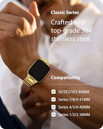 Image of Fullmosa Metal Bands With Case [Watch NOT Included] Compatible Apple Watch Strap 41mm 40mm 38mm, Steel Apple Watch Band for iWatch SE3 SE2 SE Series 9 8 7 6 5 4 3 2 1,41mm 40mm 38mm,Golden