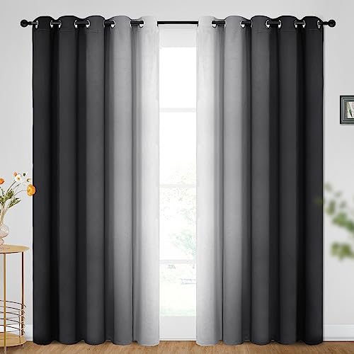 Image of SimpleHome Ombre Black to Grey White Curtains for Living Room 62Wx84L | Room Darkening Curtains for Bedroom,Gradient Light Blocking Curtain,Thermal Insulated Grommet Window Drapes,2 Panels,84 Inch