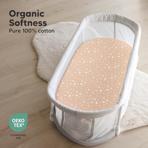 Image of 2-Pack Organic Bassinet Sheets for Girls, Boys - 100% Cotton Bassinet Mattress Sheets Compatible with Halo Bassinest Swivel Sleeper, Graco, Baby Delight, Chicco, Fitted Bassinet Sheets (Butterflies)