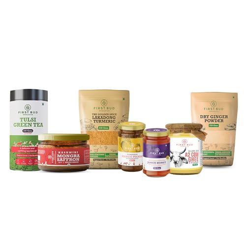 Image of First Bud Organics Super saver pack of 7 products Bilona Gir A2 Ghee 500 G + Mango Pickle-500G + Jamun Honey-500G + Saffron - 1G + Green Tea-100G+Dry Ginger Powder-250G+ Lakadong Turmeric Powder-250G