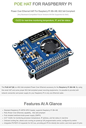 Waveshare Power Over Ethernet HAT for Raspberry Pi 3B+/4B, 802.3af-Compliant with OLED for real-time Monitoring Temperature, IP, and Fan Status – Bild 3
