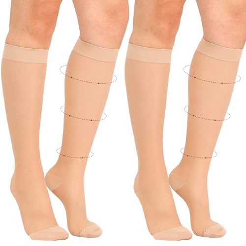 Image of 15-20mmHg Sheer Compression Socks for Women, 2 Pairs Knee High Compression Socks, Closed Toe Medical Compression Stockings for Swelling Shin Splints Varicose Veins