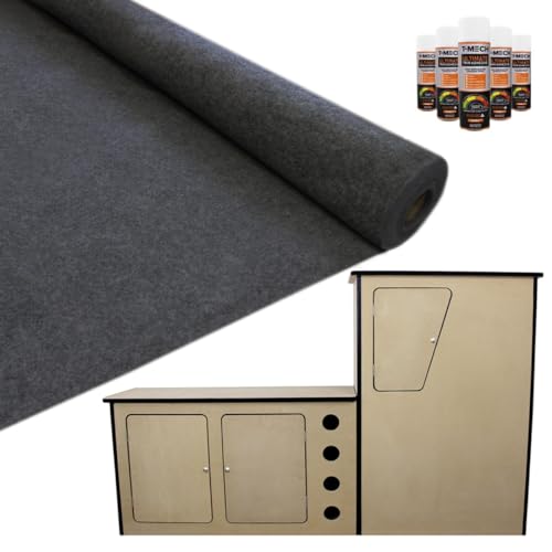 Image of 11m2 Van Lining Carpet Super Stretch Kit Anthracite Dark Grey | With Camper Motor Home Kitchen Unit | FREE 5 Heavy Duty Adhesive Glue Spray Cans