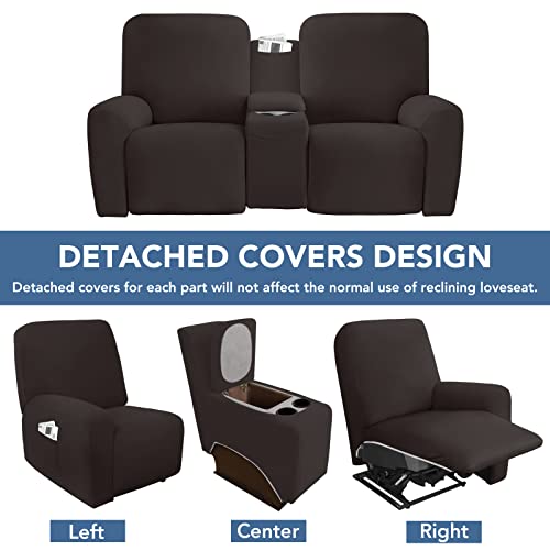 Image of Easy-Going Stretch Recliner Loveseat Cover with Center Console Sofa Slipcover Soft Fitted Fleece 2 Seats Couch with Holder and Storage Washable Furniture Protector Chocolate