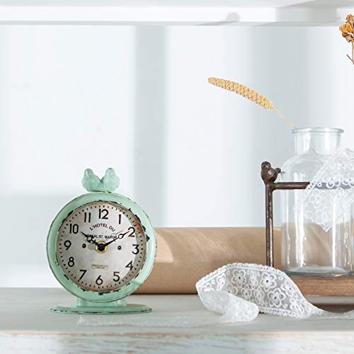 Nikky Home Vintage Table Clock, Shabby Chic Pewter Round Quartz Shelf Desk Clock With 2 Birds, 4.75" X 2.5" X 6.12", Light Green #TOP2