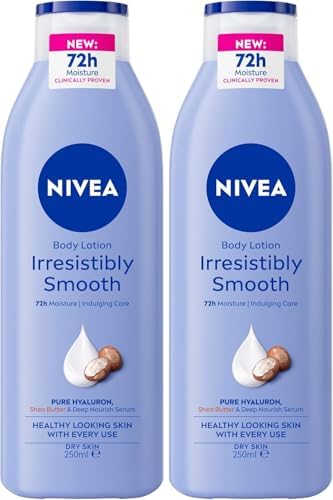 NIVEA Irresistibly Smooth Body Lotion 250ml | With Shea Butter & Deep Moisture Serum | 72-Hour Melt-In Moisture | Smoothing Moisturiser for Dry Skin | Fast-Absorbing Formula (Pack of 2)