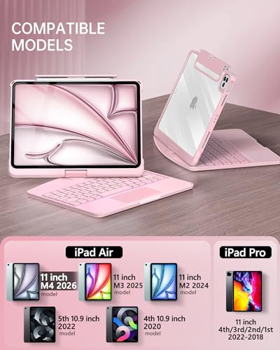 Image of Intermerge for iPad Air 11 inch Case with Keyboard Transparent(M4 /M3 /M2, 2026 /2025 /2024) & Air 5 /4 Gen, 360 Rotating Multi-Touch Trackpad, 7-Color Backlit Keyboard, Pencil Holder - Pink