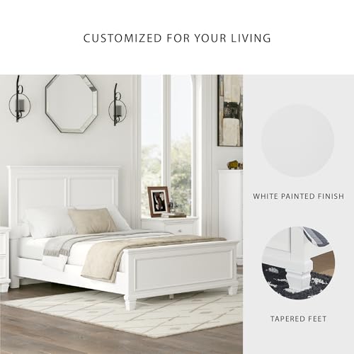 Image of Signature Design by Ashley Bed Frame, Full Panel White Transitional | Hardwood solids and MDF substrate, White panel framing, Compatible with adjustable base, Fortman Series