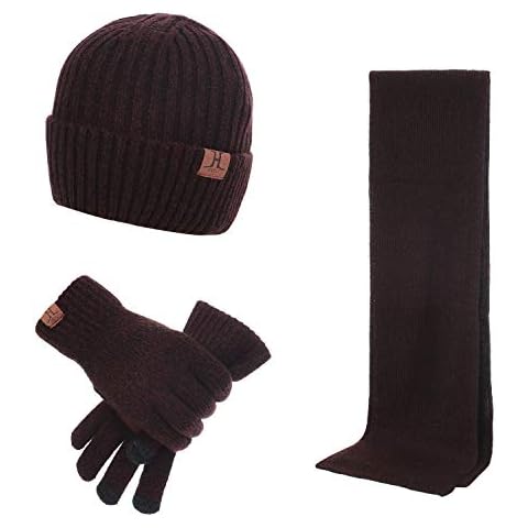Wisolt 3 Set Winter Warm Knitted Beanie Hat Scarf Touch Screen Gloves Set for Men (Wine Red) Cover