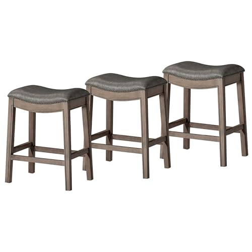 Image of Maven Lane Adrien Backless Counter Stool - Set of 3 - 26 Inches - Saddle Stool with Footrest - Grey Solid Wood Frame & Grey Faux Leather Upholstery - Perfect for Kitchen Islands & Counters