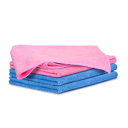 Improvia 4 Pack Microfiber Cleaning Cloth - Ultra-Soft, Highly Absorbent, and Lint-Free Wash Towels for Home Kitchen, Car, and More - Colors Pink, Blue, - 12â€ x 12â€â€¦