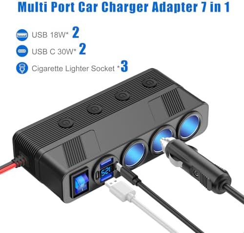 12V 24V Car Charger Socket Splitter with 10FT/3M Cable, 3 Cigarette Lighter Socket Multi 4 Port Adapter Plug with LED Display Master Switch Independent Switch,12 Volt Power Outlet with Eyelet Terminal - 2