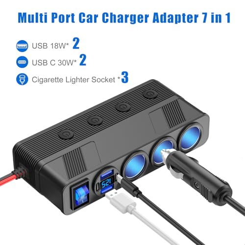 Image of 12V 24V Car Charger Socket Splitter with 10FT /3M Cable, 3 Cigarette Lighter Socket Multi 4 Port Adapter Plug with LED Display Master Switch Independent Switch,12 Volt Power Outlet with Eyelet Terminal