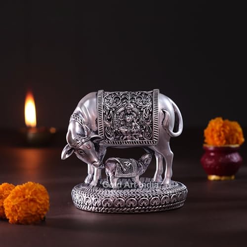Image of Gold Art India Kamdhenu Cow and Calf Idol | Silver Plated Antique Finish Decorative Murti | 6.35 cm x 6.35 cm | Sacred Gau MATA Statue for Home Temple & Gift