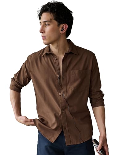 Image of Bewakoof Mens Solid Regular Fit Full Sleeve Collar Cotton Linen Blend Shirt