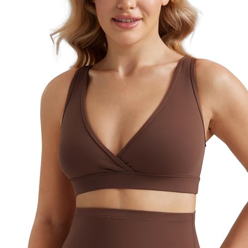 CRZ YOGA Butterluxe Maternity V Neck Nursing Bras - Wireless Sleep Breastfeeding Lounge Womens Pregnancy Bralette Comfy Coffee Brown Large