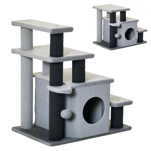 PawHut Hundetreppe 3/4 Stufen 66 cm Hoch Schlafhöhle Katzentreppe Grau