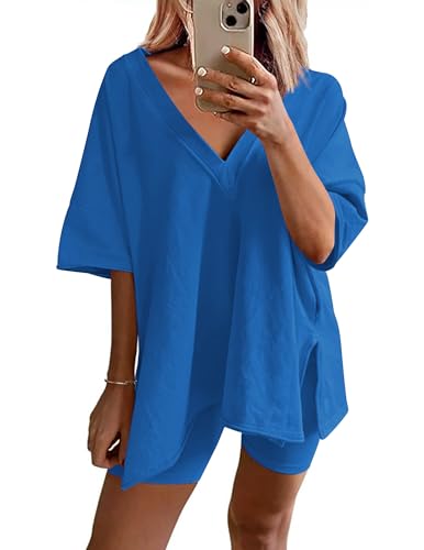 Image of Ekouaer Womens 2 Piece Lounge Set Oversized V Neck Top Biker Short Pajamas | Breathable, Elastic Waist, Reversible Top, Soft Loungewear, Casual Daily Workout, Summer Outfits