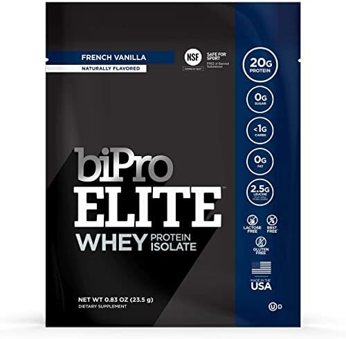 BiPro Elite to-Go 100% Whey Protein Powder Isolate for High-Intensity Fitness, French Vanilla, 12 Single-Serve Packets - Approved for Sport, Sugar Free, Suitable for Lactose Intolerance, Gluten Free