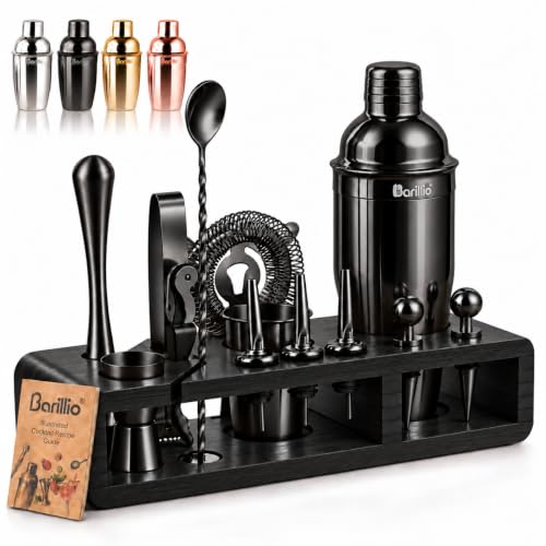 Barillio Black Bartender Kit - Stainless-Steel Cocktail Shaker Set w/Black Bamboo Stand - Mixology Bar Tools w/Drink Shaker, Mixer and Muddler for Cocktails - Home Bar Accessories - 23-Pc Bar Set