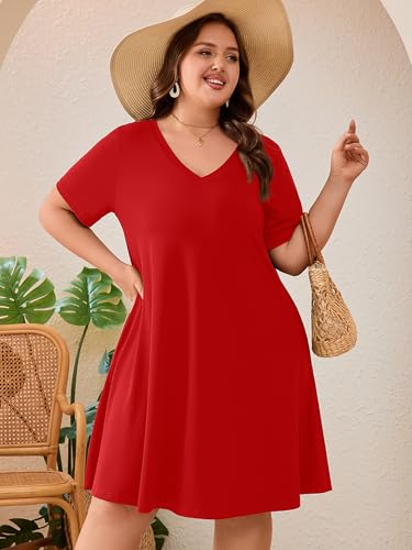 Image of AusLook Plus Size Midi Dress for Women Loose V Neck Short Sleeve Summer Casual A Line T Shirt Sundresses with Pockets 1X-5X