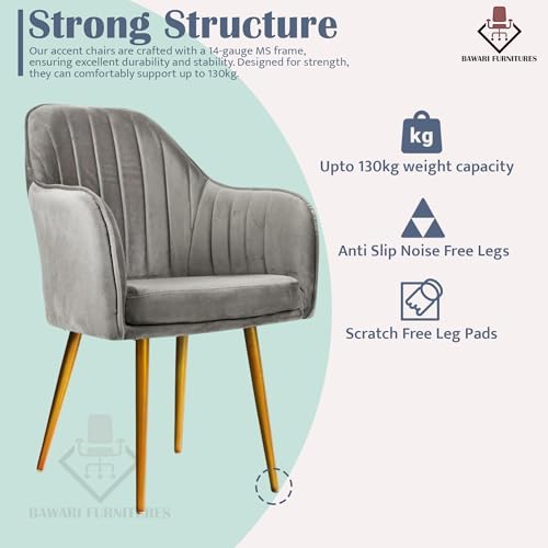 Image of Accent Chair for Living Room| Soft Velvet Fabric Armchair with Multi Colour Leg Options | Modern Chair with Thick Cushion for Home Office restaurent and cafes| 1pc (Golden Legs, Grey)