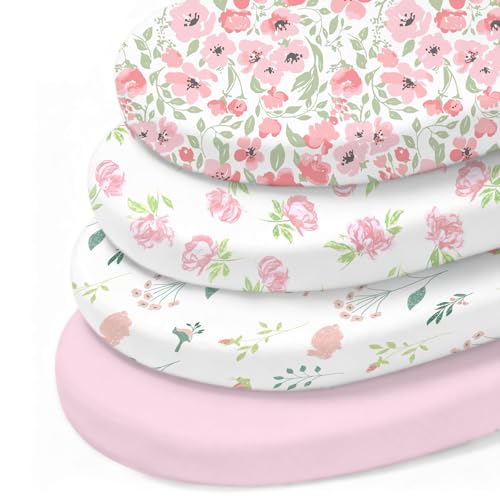 Image of Little Grape Land Bassinet Sheets 4 Pack, 33 inch x 18 inch Fitted Bassinet Sheets Up to 4 inch Deep Pocket, Ultra Soft Baby Bassinet Fitted Sheets for Bassinet Mattress, Rose Garden