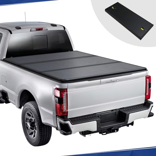 HOUGEET Hard Tri-Fold Pickup Truck Bed Tonneau Cover Compatible with 1999-2023 Ford F250 F350 Superduty 6.75 Ft Tonneau Covers with LED Lights