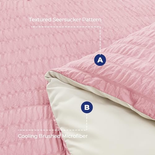 Image of HYMOKEGE Pink /Ivory California King Comforter Set Seersucker 7 Pieces, All Season Luxury Bed in a Bag for Bedroom, Bedding Set with Comforter, Sheets, Pillowcases & Shams
