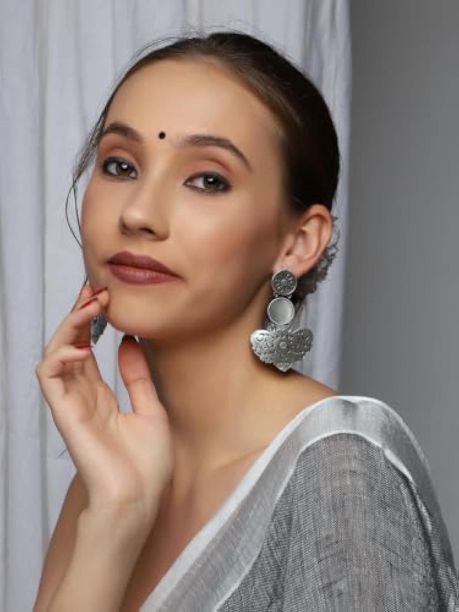 92.5 Silver Plated Oxidised Long Earrings in Grey