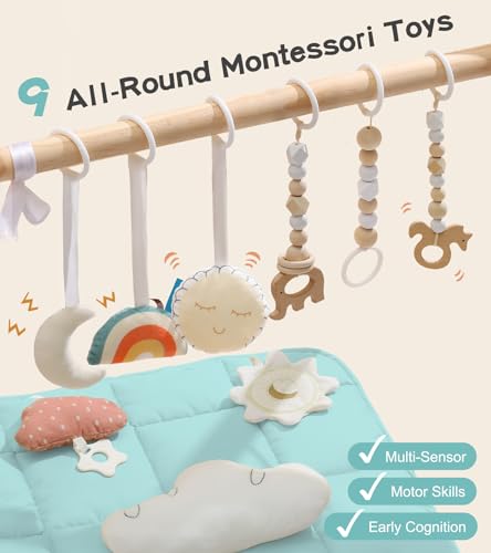 Foldable Baby Play Gym with Mat, Wooden Play Gym with 9 Sensory Toys, Frame Activity Center, Natural Pine Wood, Montessori Toys, Easy to Assemble & Clean, Newborn Gift, Blue Color