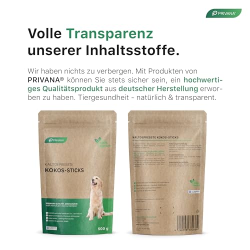 PRIVANA - Kokos-Sticks für Hunde (500g) - Hundesnack aus Kokospresskuchen, Natürliche Leckerlis aus 100% Kokosmark ohne künstliche Zusätze
