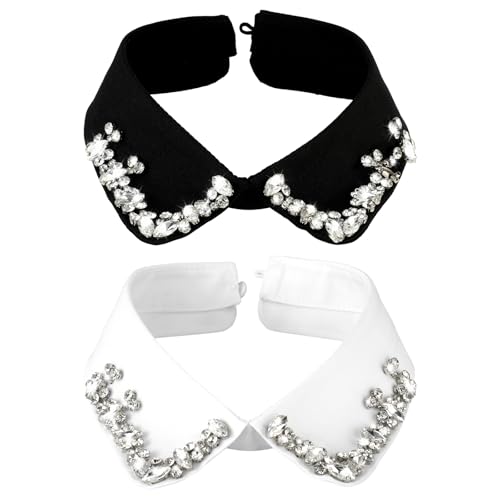 2 PCS Rhinestone Fake Collar Faux Collar Women Detachable Fake Collar Dickey Collar Shirt Collar Inserts for Women Faux Collar Shirt Fake Collar Womens White Black Classic Style Collar