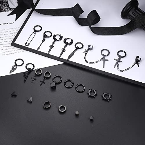 Florideco 22Pcs Stainless Steel Fake Earrings for Men Women Cross Chain Pendant Earring Non-Piercing Huggie Hoop Earrings Set Clip On Earrings for Men Black Fake Earrings4