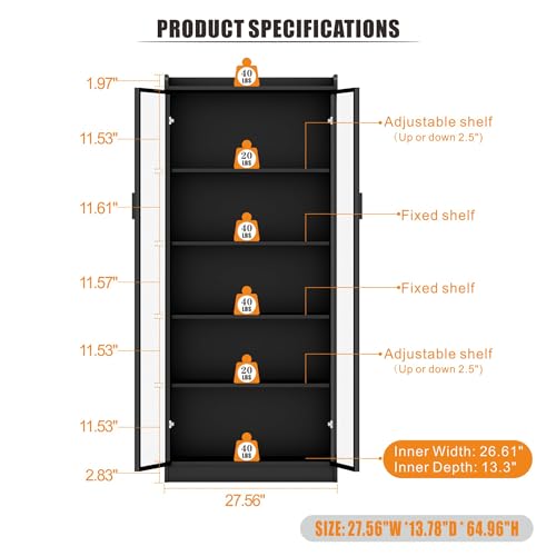 Display Cabinet with Adjustable Shelves, 65" Tall Bookcase with LED Lights/Human Sensor, 5 Tier Display Case for Collectibles Bedroom Living Room Office, Black - Transparent Acrylic Doors