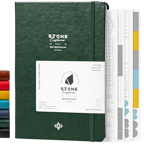 Stone Journal Explorer Notebook A5 Waterproof Paper Field Journal Vegan Leather Hardcover 144 Pages Alternating Ruled & Dot Grid Back Pocket Weather-Resistant (Green)