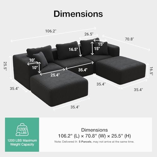 Novilla 106" Modular Sectional Sofa, Modern Cloud Sectional Couch with Smarts Coil Support, U-Shape Boneless Couch for Living Room Apartments Bedroom, No Assembly Required (3 Seater + 2 Ottoman) - Thumbnail 3