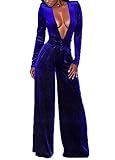 Women's Sexy Deep V-Neck High-Waist Velvet Jumpsuits One Piece Long Sleevess Loose Pants Juniors...