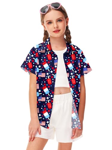 Image of Remimi Unisex Kids 4th of July Button Up Shirt Boys American Flag Print Hawaiian Beach Short Sleeve Tops 5-14 Years