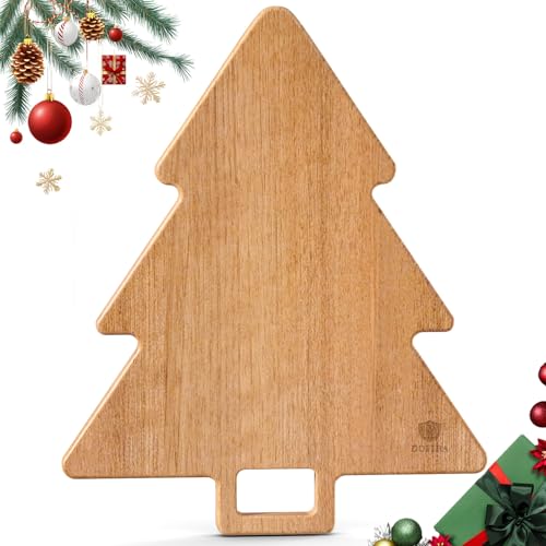 Dofira Acacia Wood Christmas Tree Cutting Board 15x12 Inch Charcuterie Board with Handle, Xmas Cheese Appetizer Tray, Wooden Decorative Serving Platter for Holiday Kitchen Party