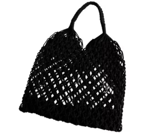 Bolsa de Crochê Macramê, Bege,Preta, Terracota,Branca Artesanal, Estilo Praia, 34x35x2 cm, Alça Dupla Trançada (Preta)