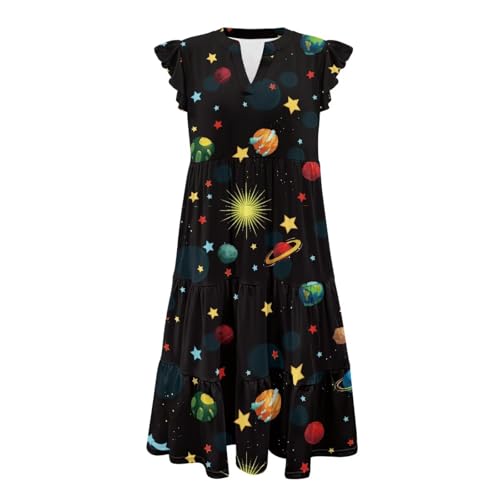Image of Womens Summer Dress Ruffle Sleeve V Neck Dress Casual Fit Flowy Beach Vacation Sundress with Pocket S-2XL