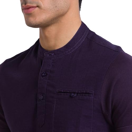 Image of Parx Men's Pure Linen Solid Pattern Regular Fit Henley Neck Half Sleeve Casual T-Shirt