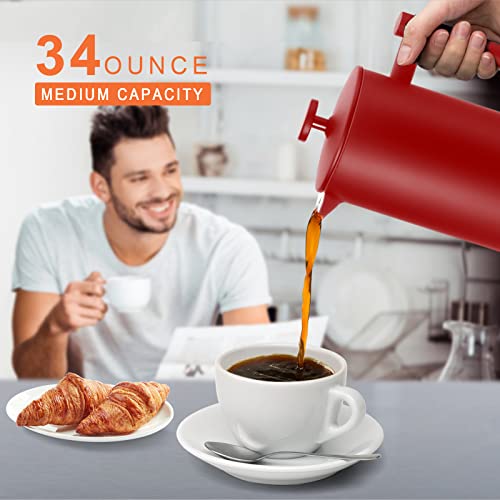Image of Secura French Press Coffee Maker, 304 Grade Stainless Steel Insulated Coffee Press with 2 Extra Screens, 34oz (1 Litre), Red (Pack of 12)