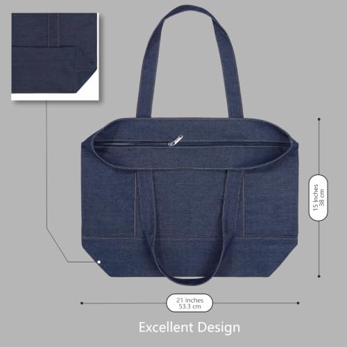 Image of TOPDesign 1-Pack Canvas Tote Bag with an External Pocket, Reusable Grocery Shopping Bag, Top Zipper Closure, Daily Essentials (Dark Blue Demim)