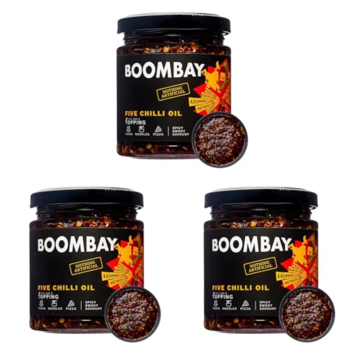 Image of BOOMBAY Five Chilli Oil | Spicy & Smoky (190g) | Plant-Based, Zero Sugar, Cold-Pressed Oil & No Artificial Ingredients| Use as a Topping on Eggs, Pizza, Noodles, Rice, Takda for Dal and as Stir Fry