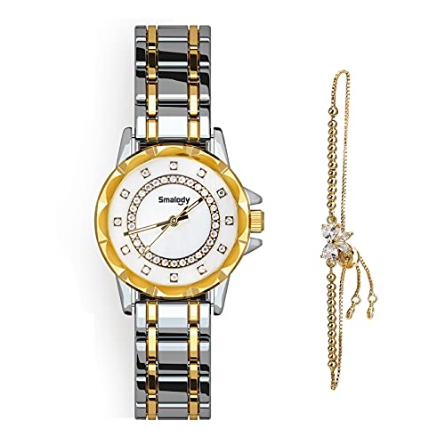 Smalody Damen-Armbanduhr mit Armband, Schmuckset, elegante Uhren für Damen, Edelstahl, Keramikarmband, Uhren für Damen, modisch, lässig, Quarzuhr, Silbergold, Quarzuhr Cover