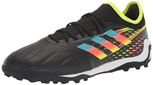 adidas Tênis de futebol unissex para grama sintética Copa Sense.3, Preto/ciano brilhante/amarelo solar Team, 11 Women/11 Men
